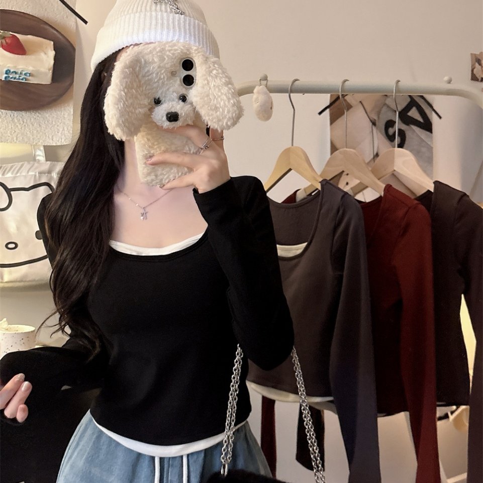 假两件磨毛长袖T恤女秋冬内搭外穿带胸垫修身显瘦百搭打底衫上衣