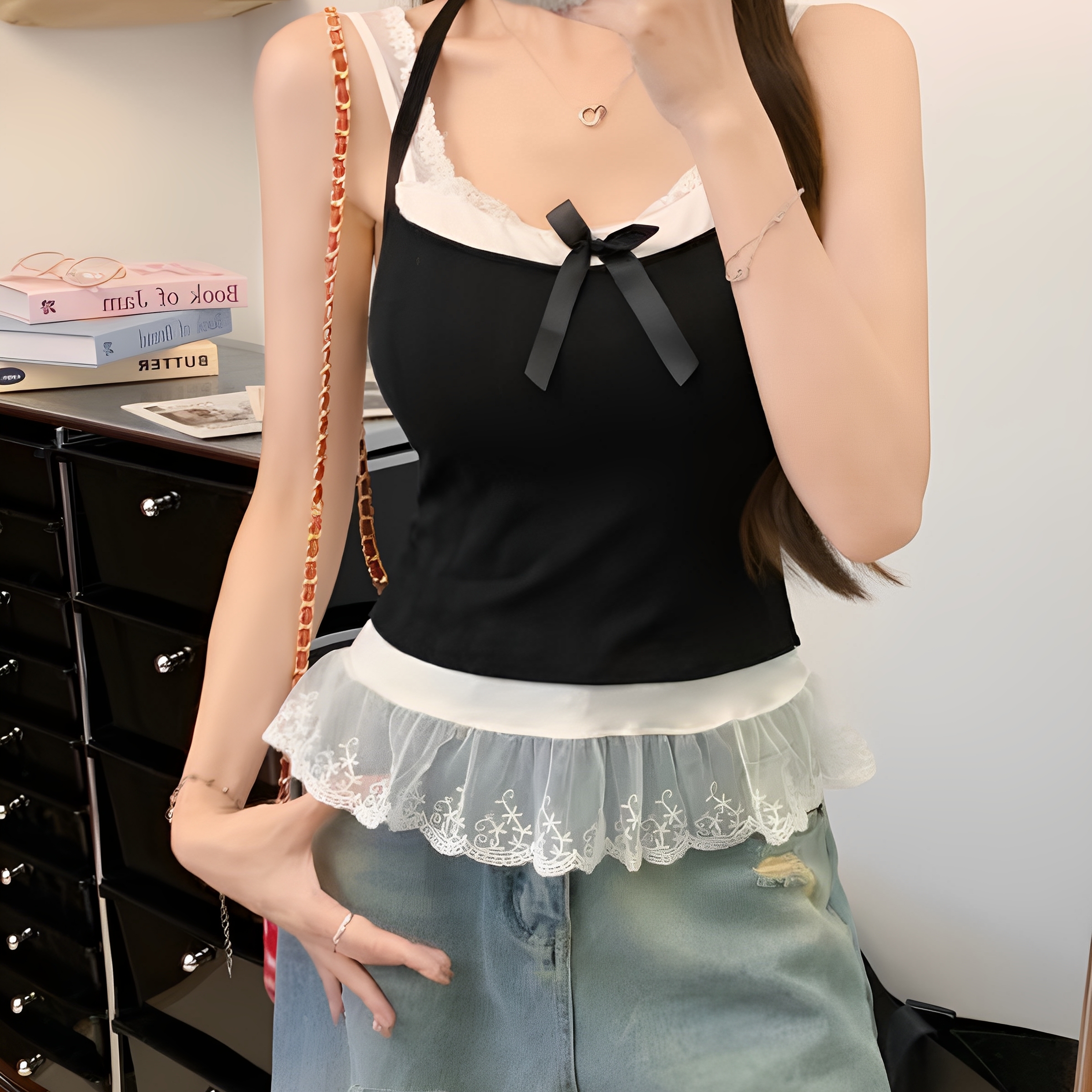 纯欲风性感辣妹蕾丝花边挂脖吊带背心女内搭外穿美背带胸垫上衣夏