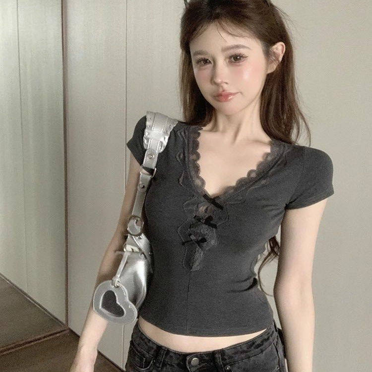 纯欲性感蕾丝拼接蝴蝶结短袖T恤