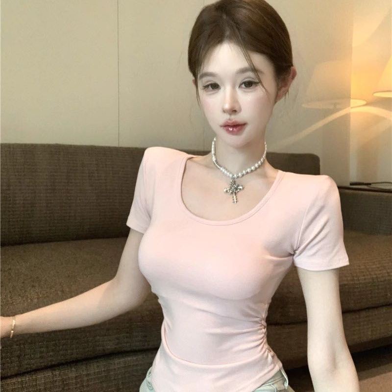 纯欲风性感后背蕾丝拼接短袖T恤女带胸垫内搭修身显瘦辣妹上衣夏