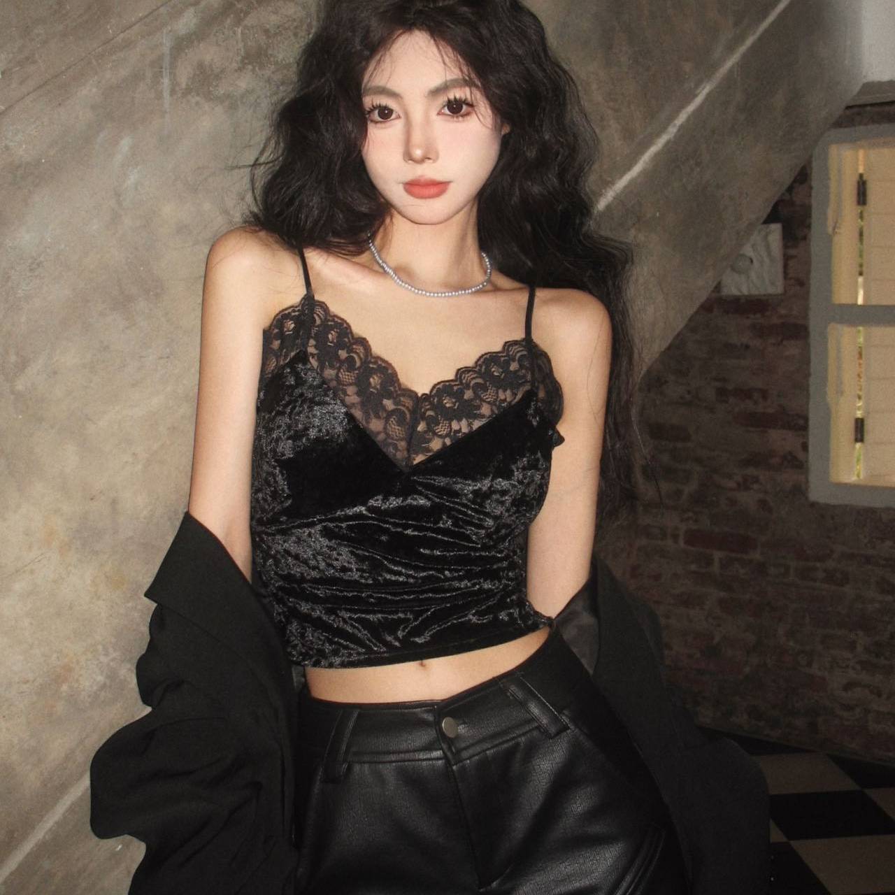 丝绒蕾丝花边吊带背心女内搭带胸垫修身显瘦高级感百搭打底衫上衣