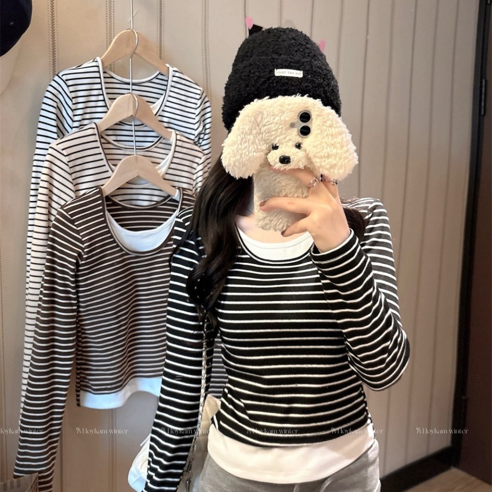 假两件条纹德绒长袖T恤女冬季内搭外穿带胸垫修身显瘦保暖上衣潮
