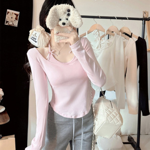 纯欲风性感磨毛挂脖假两件长袖T恤女秋冬内搭外穿带胸垫打底上衣