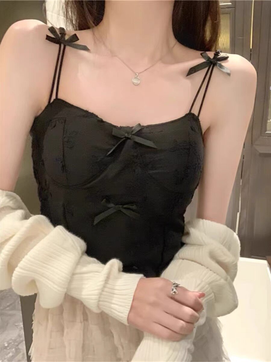 纯欲性感蝴蝶结吊带小背心女春夏内搭带胸垫打底美背蕾丝抹胸上衣