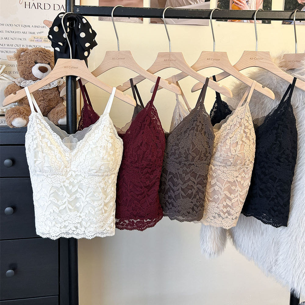 法式蕾丝加绒V领吊带背心保暖潮