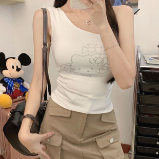 纯欲风性感辣妹烫钻猫咪斜肩背心女夏季内搭外穿美背带胸垫上衣潮