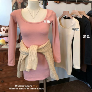 韩系德绒保暖长袖连衣裙女秋冬季内搭带胸垫修身显瘦包臀短裙上衣