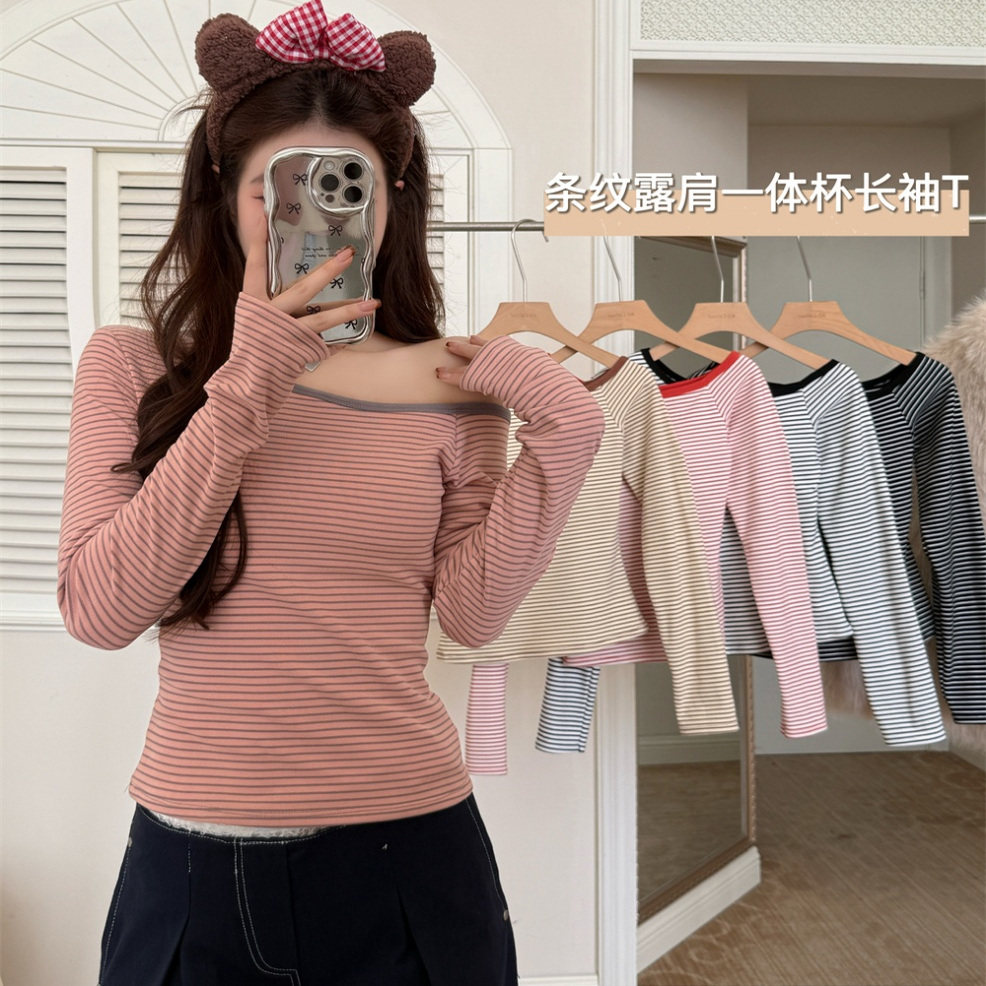 粉色条纹斜肩羊绒保暖长袖T恤潮