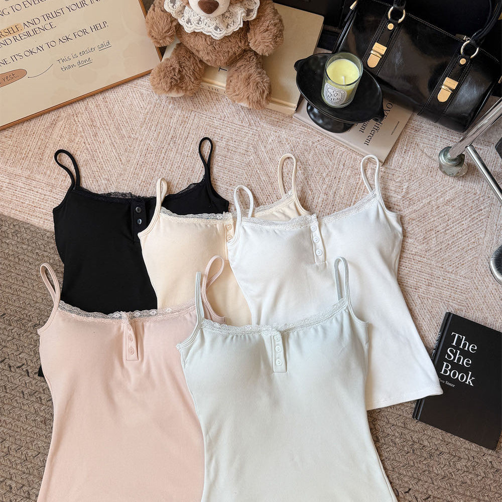 磨毛蕾丝边纽扣吊带背心百搭上衣