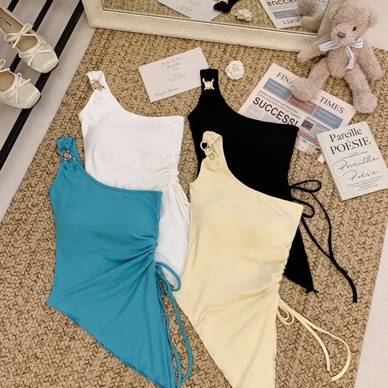 不规则开叉斜肩金属扣吊带背心女夏季内搭带胸垫修身显瘦美背上衣