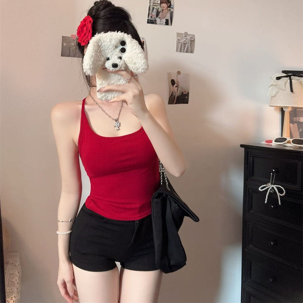 纯欲风性感辣妹交叉绑带挂脖吊带背心女内搭外穿带胸垫美背上衣夏