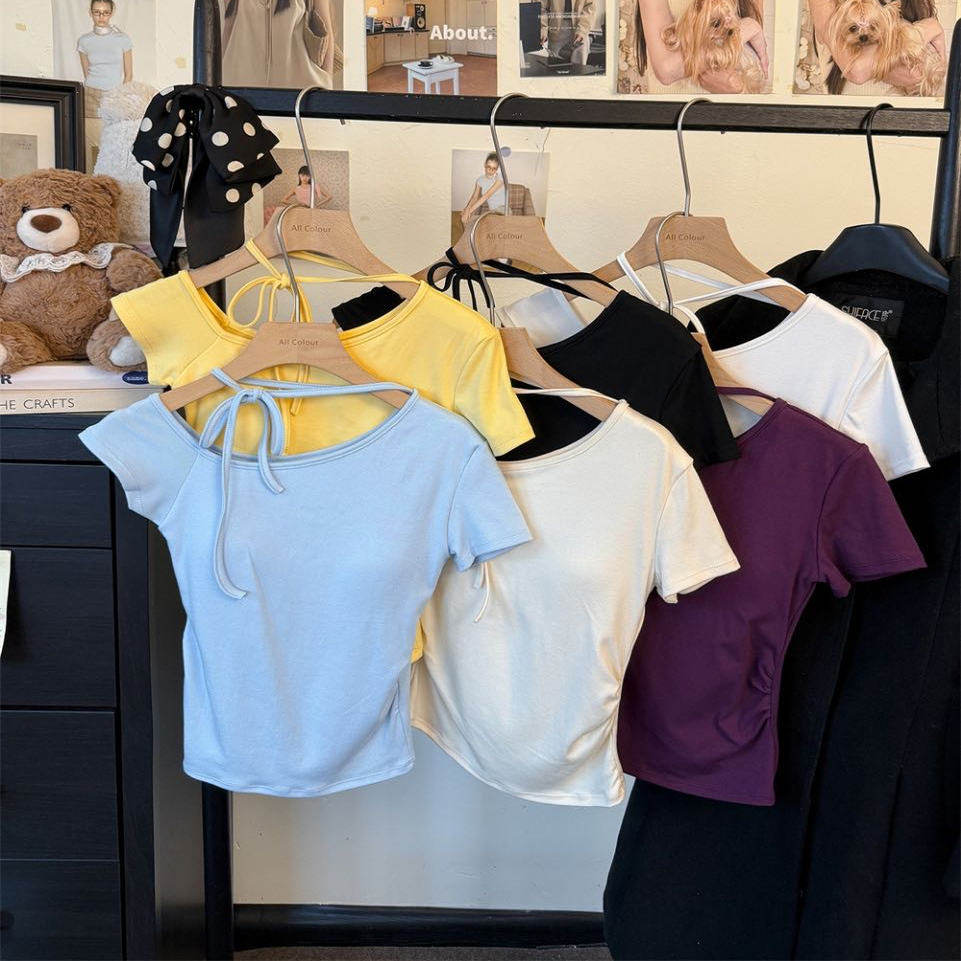 纯欲风性感辣妹斜肩挂脖绑带短袖T恤女小个子内搭外穿带胸垫上衣