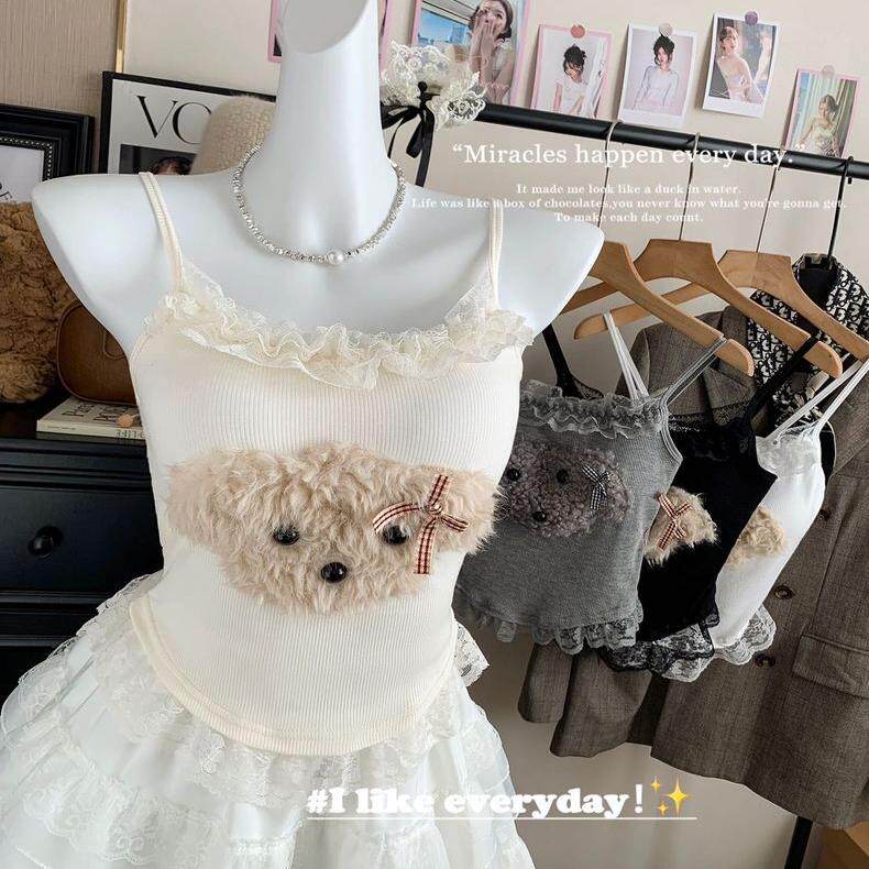 春夏性感蕾丝拼接毛绒小狗吊带背心女带胸垫内搭修身显瘦打底上衣