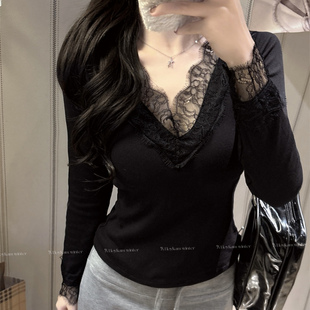 磨毛蕾丝花边长袖T恤女秋冬内搭外穿带胸垫高级感百搭打底衫上衣
