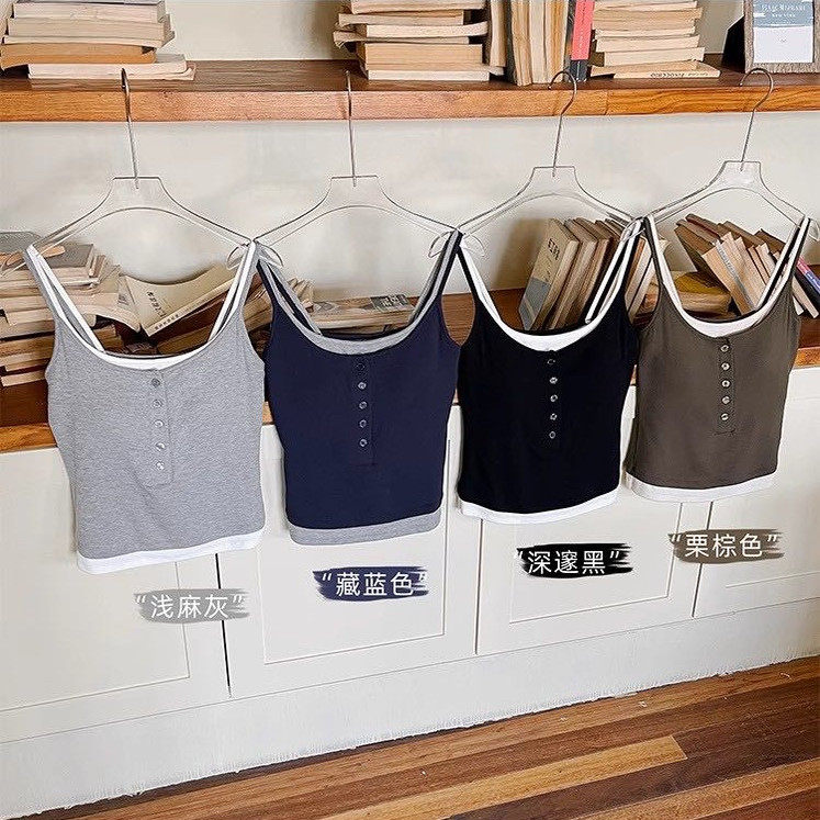 纯欲风性感撞色假两件纽扣吊带背心女带胸垫内搭修身显瘦辣妹上衣,女士内衣/男士内衣/家居服,吊带/背心/T恤/打底/肌底衣,淘宝优惠券,粉丝福利购,淘宝优惠卷