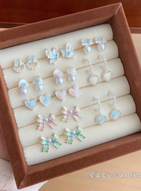 夏季蓝色晕染滴油爱心耳环轻奢感女银针设计感气质蝴蝶结耳饰