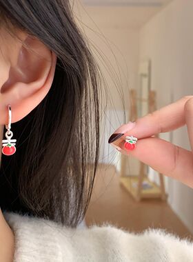 2026年中国风柿柿如意新年耳扣女银针喜庆红色过年戴的气质耳环