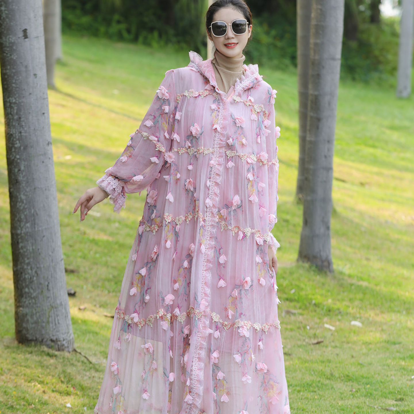 中长款过膝宽松显瘦飘逸刺绣棉服