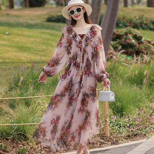 拜占庭 宽松显瘦气质减龄碎花桑蚕丝连衣裙女 森林真丝印花裙大码