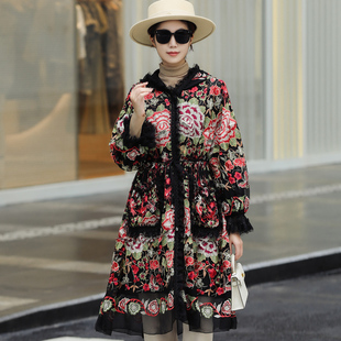 拜占庭的森林桑蚕丝棉服女贵夫人高档轻奢刺绣收腰中长款棉衣棉袄