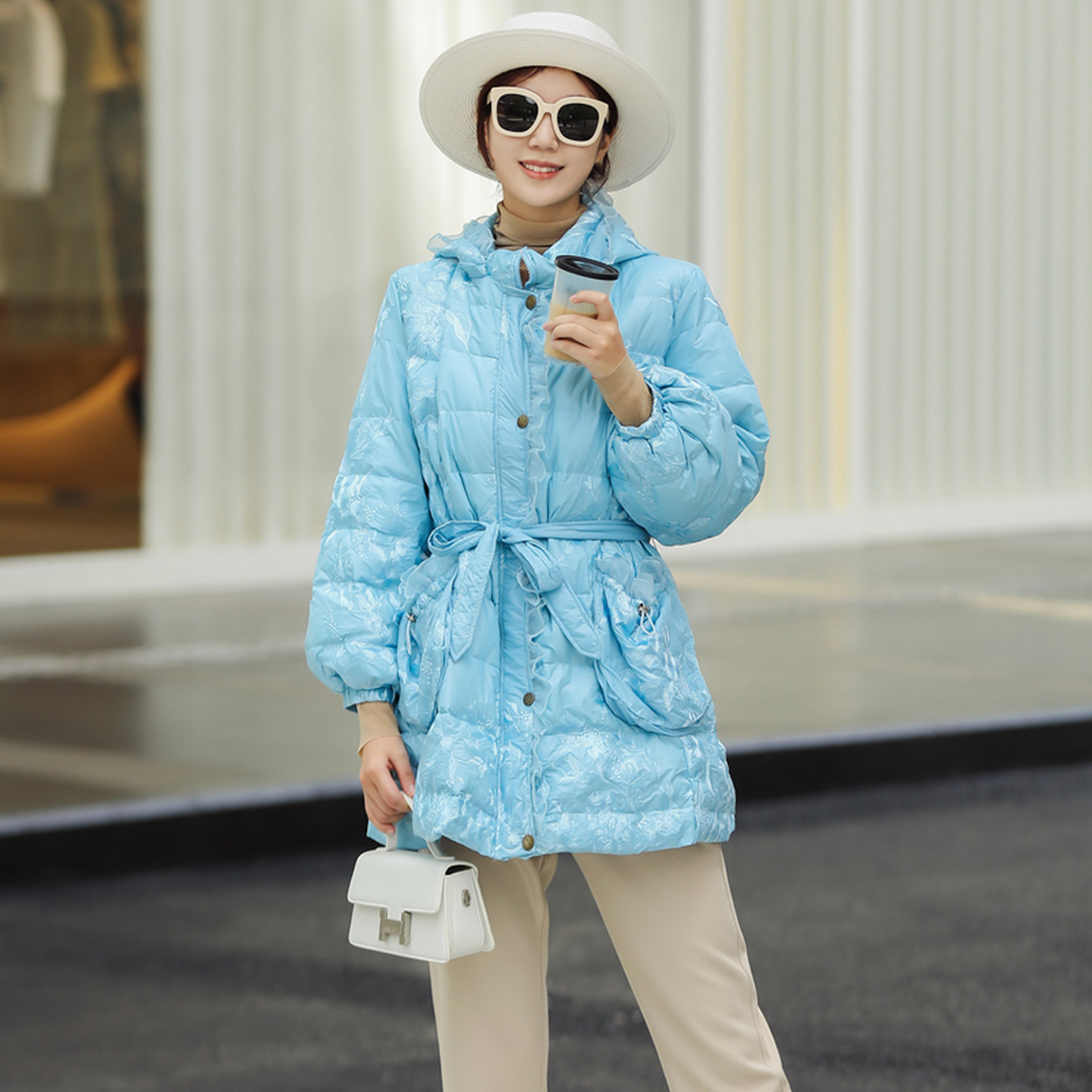 拜占庭的森林白鸭绒羽绒服小个子高端刺绣收腰中长款轻薄保暖外套