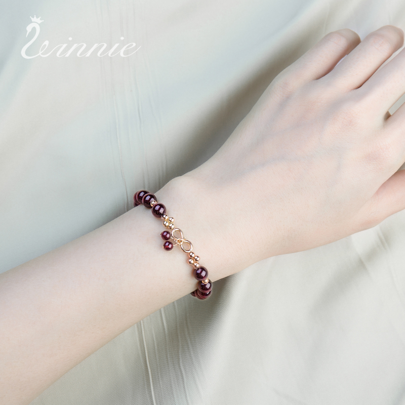红石榴石手链女韩版简约个性ins小众设计14k包金水晶手串