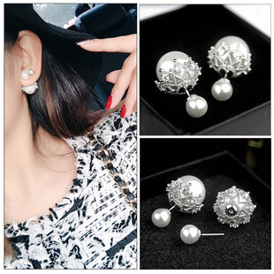 韩国气质简约甜美镶钻大小珍珠耳钉女 925银针可爱精致耳饰耳环