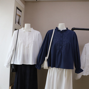 气质木耳领时尚 时尚 绣花显瘦长袖 女上衣韩版 5994比 衬衫 2026春新款