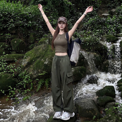 军绿色工装裤女2026新款酷飒风夏速干登山冲锋裤冰丝阔腿运动裤瑞