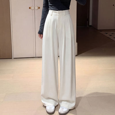 白色奶芙山本裤女2026新款夏薄款冰丝垂感小个子休闲阔腿西装裤瑞