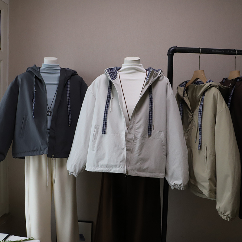 2025冬季新款连帽格子拼接休闲百搭棉服外套女上衣韩版时尚5460比