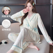 产后孕妇家居服 薄款 送发带 带胸垫莫代尔月子服春秋哺乳睡衣夏季