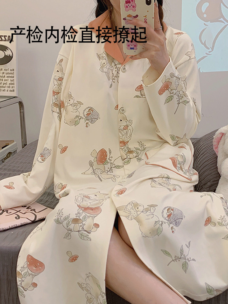 가슴 패드가 달린 산모 잠옷 봄과 가을 스타일의 순면 모유 수유 산후 수유 의류 여름 산부인과 분만 복장