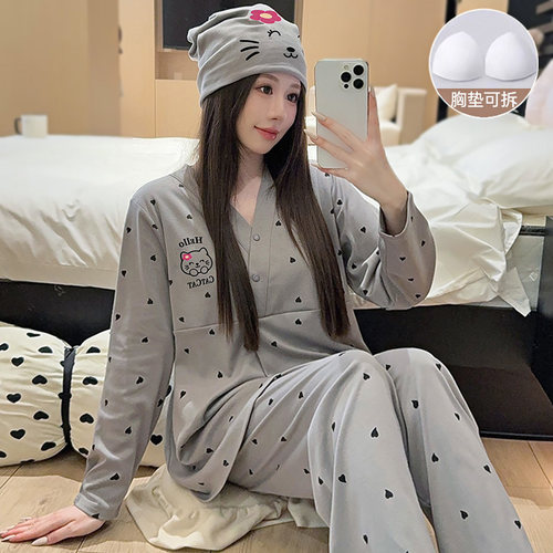 送帽带胸垫纯棉月子服