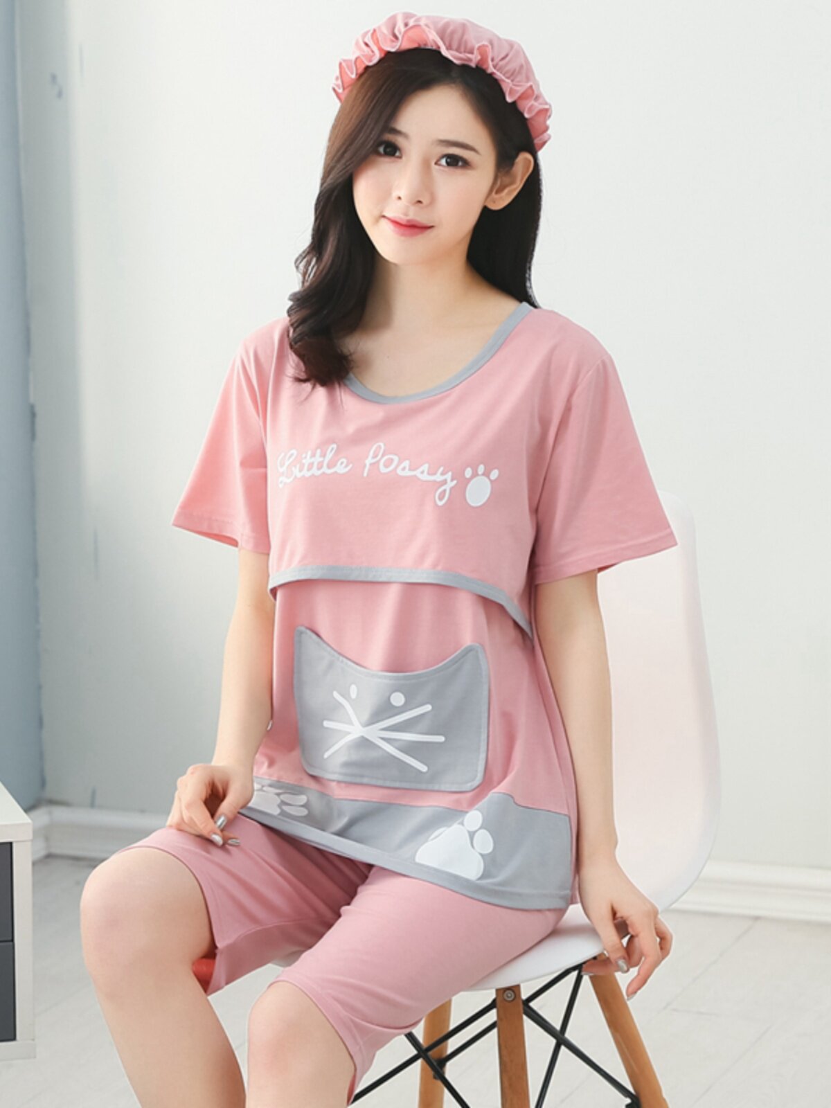 산후 의류 여름 얇은 산후 모유 수유 순수 코튼 출산 잠옷 임산부 모유 수유를위한 여름 반팔 슈트