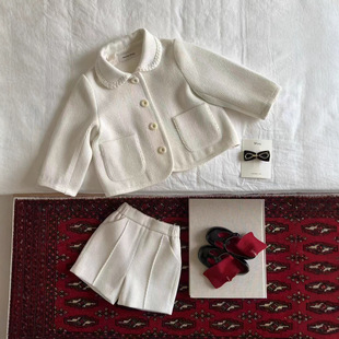 儿童礼服装 女童香香风翻领米白色外套+短裤宝宝公主风套装洋气7