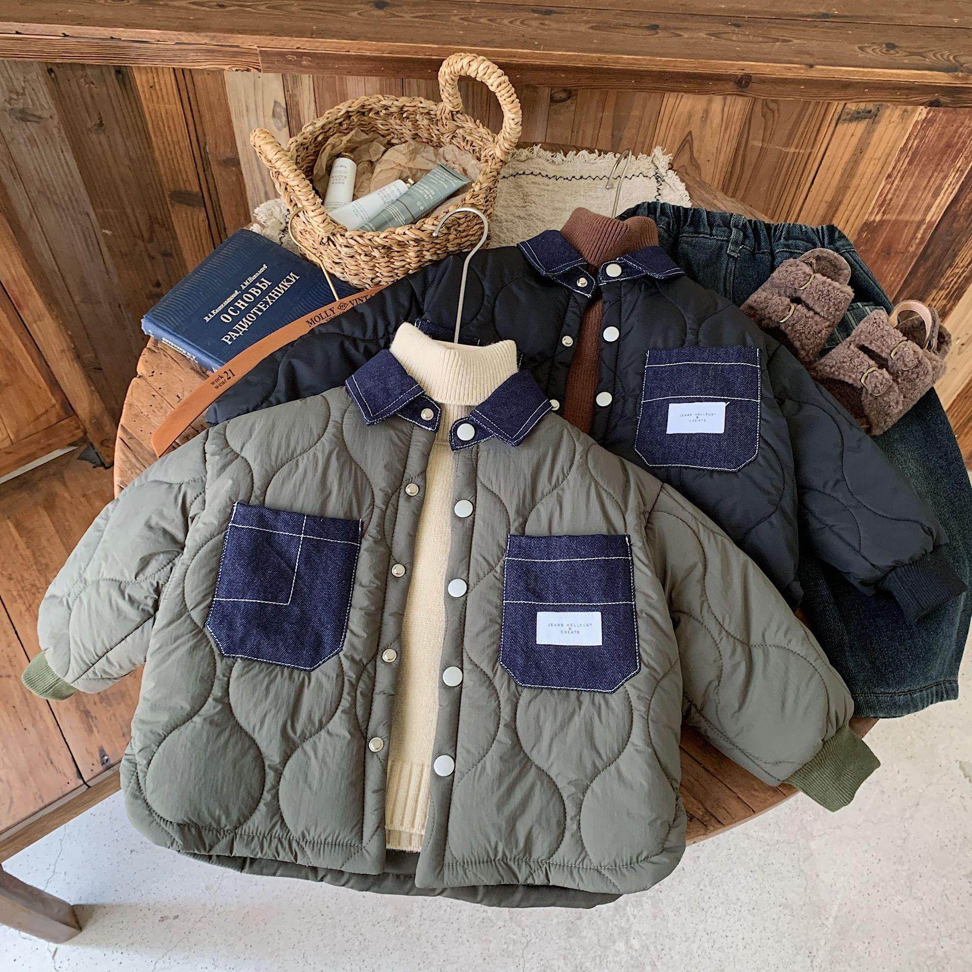 清仓 牛仔领儿童夹棉波棉服绗缝薄棉服宽松男童宝宝棉袄外套秋冬