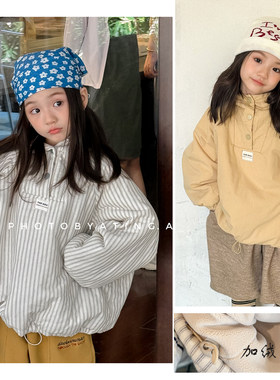 男童女童加绒套头连帽条纹棉服