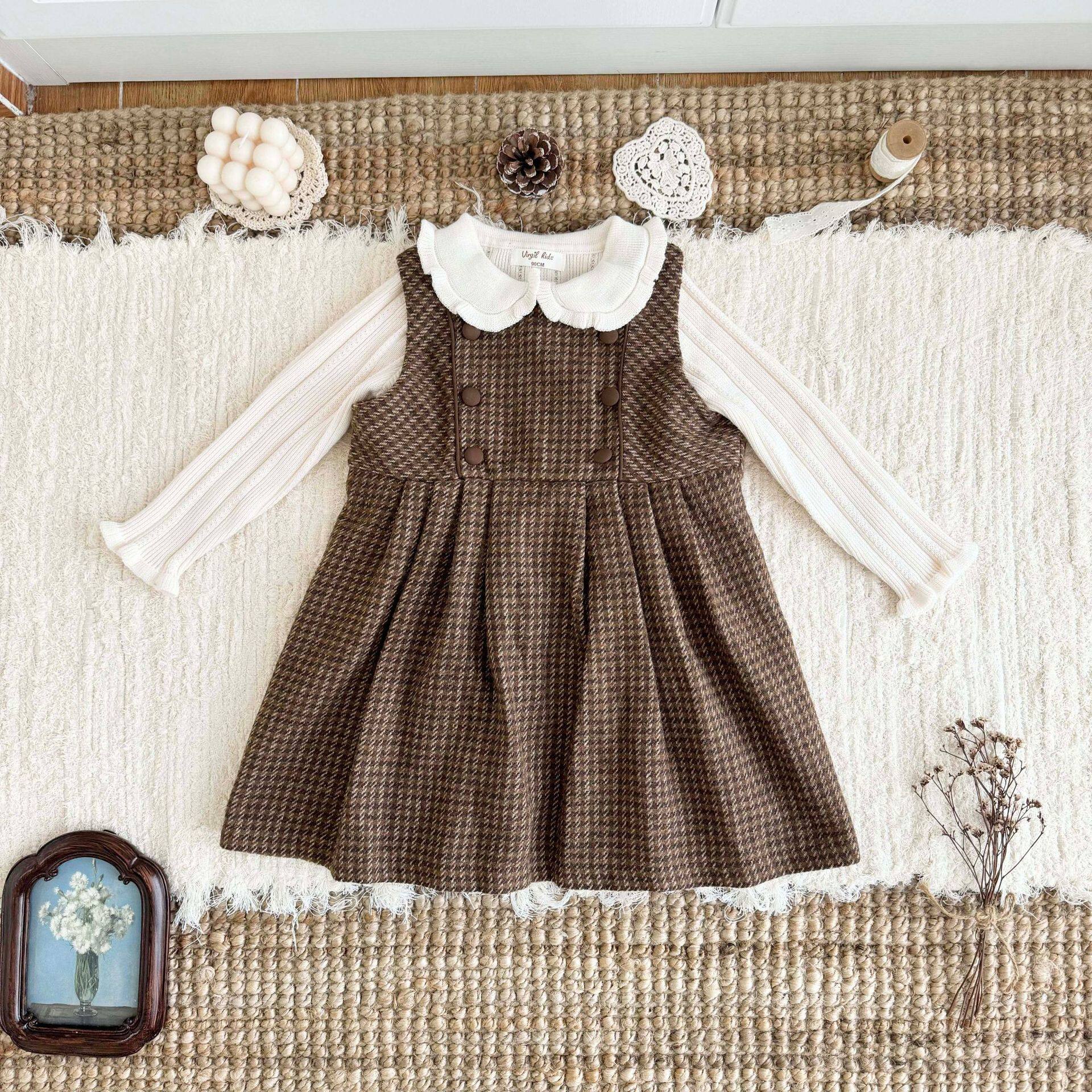 女童复古洋气毛呢千鸟格子背心裙中长款26冬儿童学院风连衣裙7