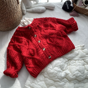 男童女童麻花马海粗针红色毛衣外套儿童宝宝加厚针织开衫25秋冬