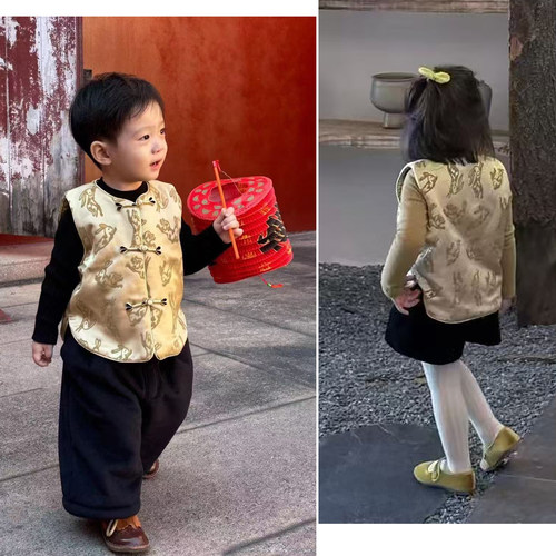 男童女童金色兔子提花夹棉唐装