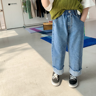 26春男童女童柔软薄款牛仔棉布直筒裤阔腿裤儿童休闲长裤卷边8