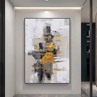 手绘油画抽象艺术高级灰金色客厅装饰画现代简约轻奢玄关竖版挂画