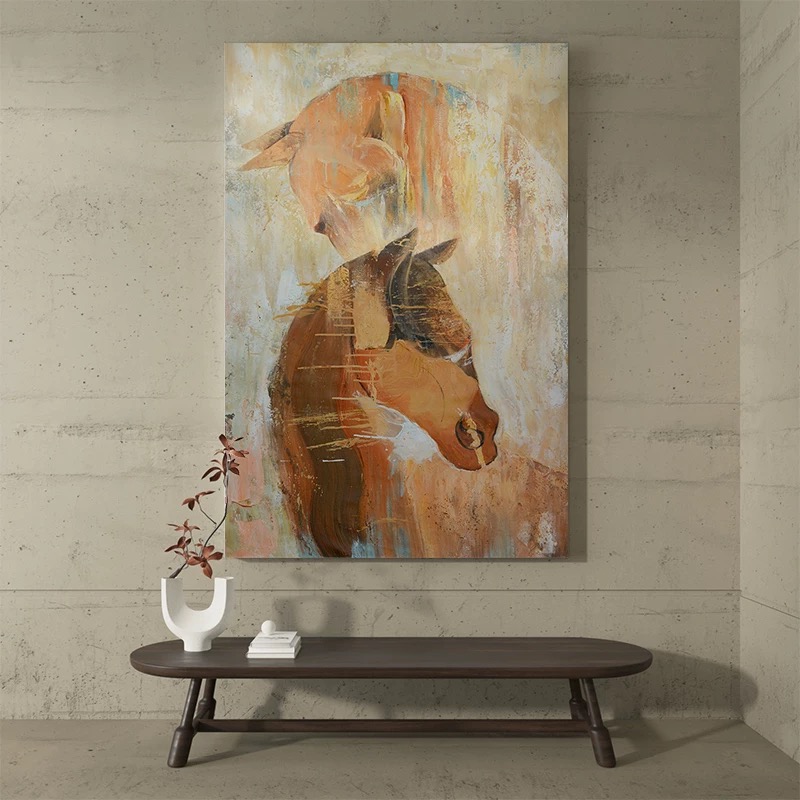 手绘入户玄关骏马到成功装饰画客厅丙烯挂画肌理油画抽象动物壁画图片