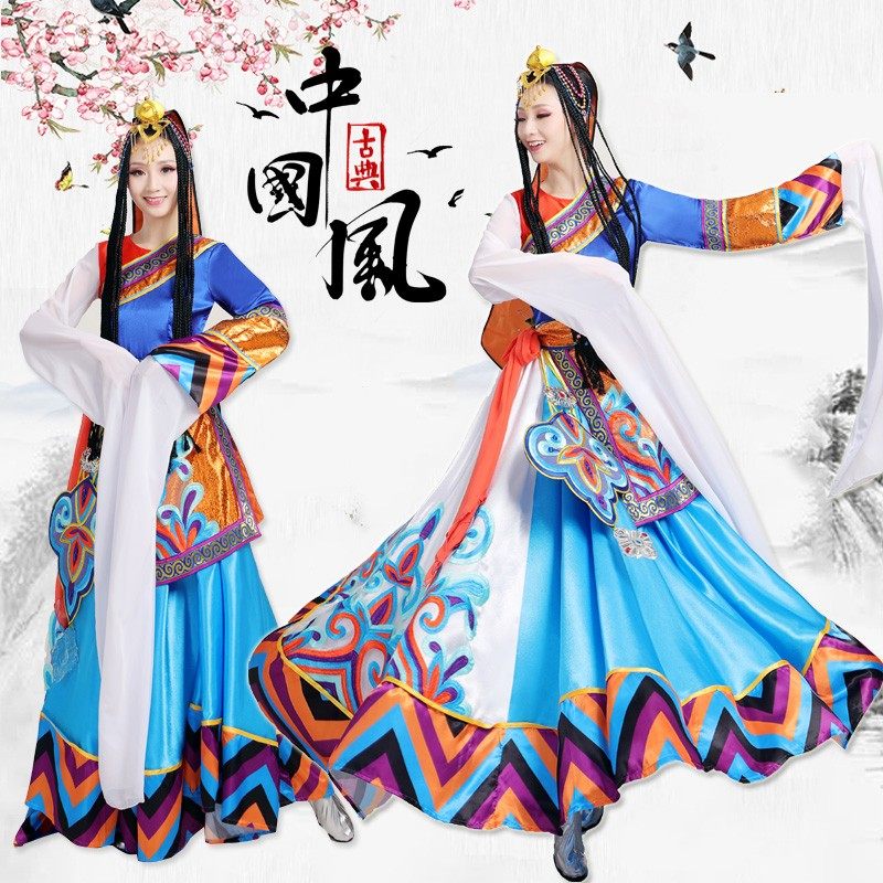 新款藏族舞蹈演出服装水袖女刺绣藏袍舞台表演服民族风大摆裙服饰