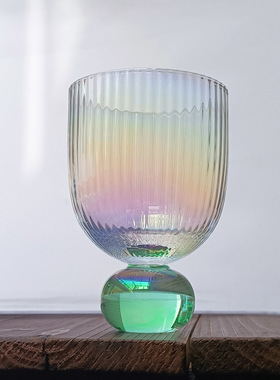 设计师款七彩虹绿色水晶玻璃红酒杯珍珠杯北欧奶昔冷饮中古水杯