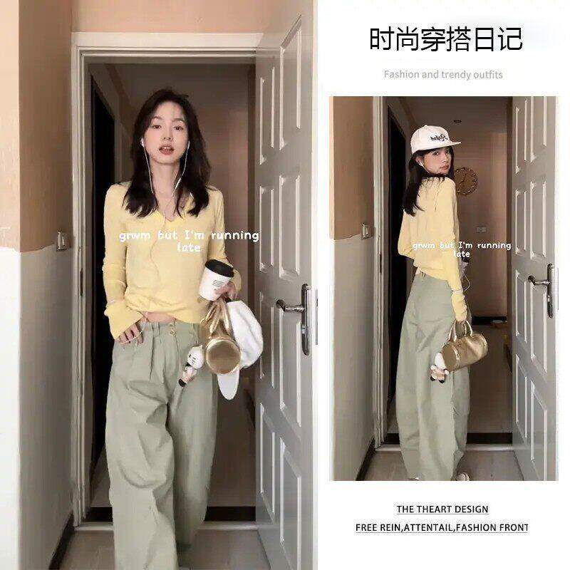 春夏搭配一整套2026新款简约纯色长袖针织衫显瘦高腰宽裤两件套