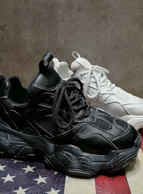 欧洲站2023超火运动鞋女厚底增高真皮秋冬黑色加绒老爹鞋女ins潮