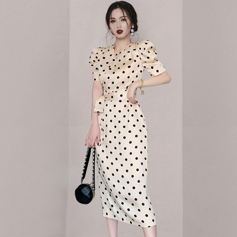 修身包臀波点连衣裙女2021夏装新款长裙高端气质名媛夏季女装裙子