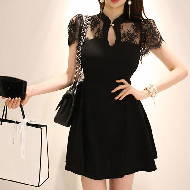 有女人味的蕾丝连衣裙气质女装露背镂空收腰显瘦短袖a字短裙女夏